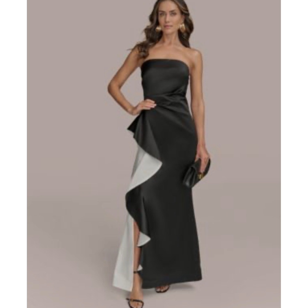 Donna Karan Strapless Contrast Ruffle With Slit Gown Size 12 Black & White NWT